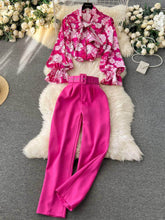 Two Piece Floral Ruched Sleeves Blouse Belted Wide Leg Pants S / DeepPink